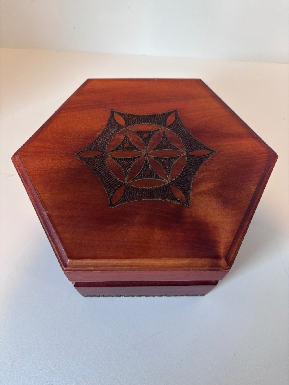 vintage hexagon carved wood trinket box